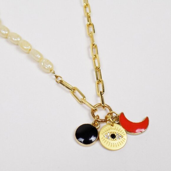 new in box! charm necklace pearl paperclip link toggle CZ stone moon - Picture 7 of 7